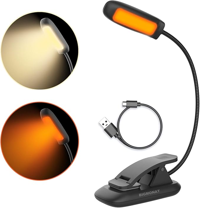 BIGMONAT Led Book Reading Light, Rechargeable Amber Book Night Light, Portable Bendable Neck, USB, Brightness Adjustable, Reduces Eye Strain, Black