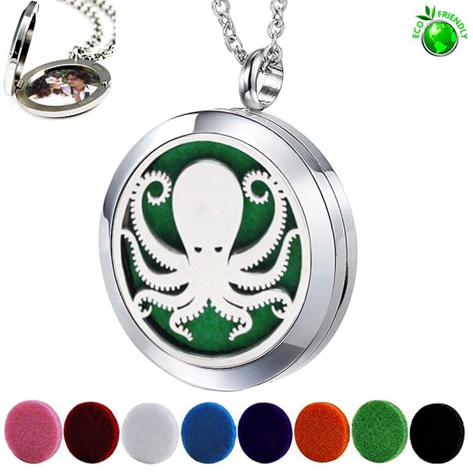 Essential Oil Diffuser Necklace Stainless Steel Aromatherapy Octopus Animal Locket Pendant with 24" Chain & 8 Pads - Birthday Christmas Perfume Jewelry Gift for Women Men
