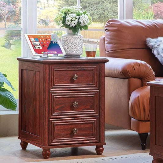 18" Farmhouse Nightstand with Charging Station and USB Port, RedOak Night Stand with 3 Drawers, Wood Bedside End Table with Storage, Bed Side Tables for Bedroom Living Room and Closet