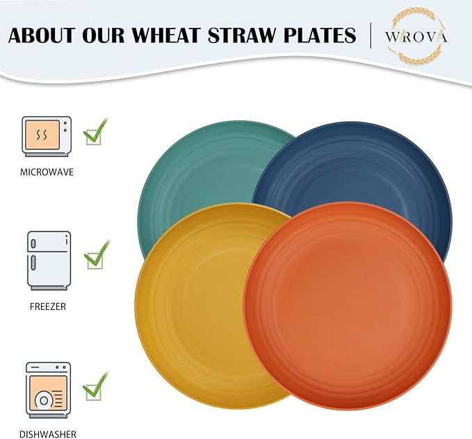 Large Wheat Straw Dinner Plates - 11 Inch Unbreakable Big Set of 8 - Dishwasher & Microwave Safe Plastic Plates - Deep Edge for Kitchen & Camping (Colorful)