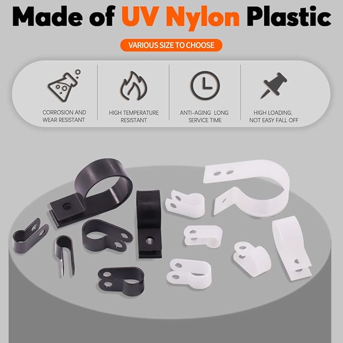 132 Pcs 6 Sizes White and Black Nylon R-Type Cable Clamp Cable Organizer Cord Fasteners Screw Mounting Electrical Grip Wire Clips with 132 Pcs Screws for Wire Management (Black and White)