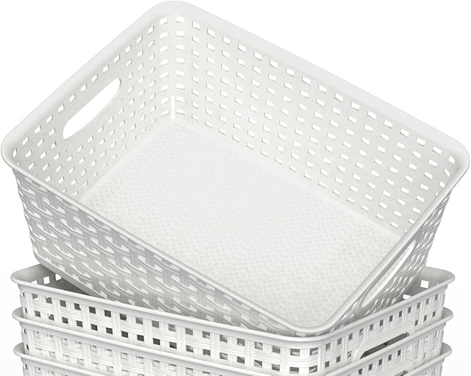 WYT 12-Pack Plastic Small Shelf Storage Weave Baskets for Organizing, White