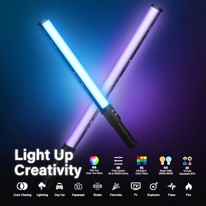 Mettlelite LS800C RGB LED Light Stick Full Color Continuous Output Video Light 3.2 ft with APP Control 2800K-8000K CRI96 TLCI 97 RGB CCT HSI Light Effects Built in Rechargeable Battery