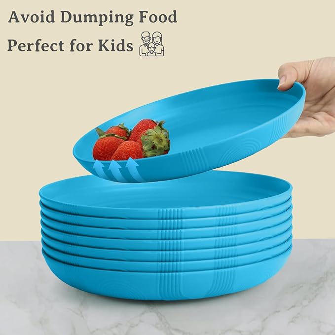 Wheat Straw Plates 10 Inch - Unbreakable Dinner Plate Set of 8 - Dishwasher & Microwave Safe Plastic Plates Reusable - Lightweight Deep Plate for Kitchen,Outdoor,Dorm (Blue)