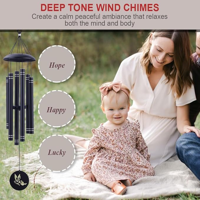 38" Large Metal Wind Chimes for Outside Deep Tone, Memorial Hummingbird Wind Chimes Outdoor with 6 Heavy Tubes for Patio Garden Hanging Décor,Sympathy Gifts, Black