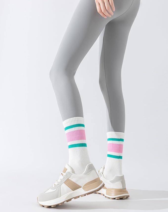 Yawlsow 3 Pairs Pilates Grip Socks for Women Yoga Grippy Striped Retro Crew Socks Non Slip Sticky Barre Sock with Grippers