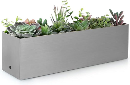 17" Large Stainless Steel Planter Box with Drain Holes and Water Reservoir, Rectangle Succulent Trough Planter Pot for Indoor Outdoor Windowsill, Table Decor (Brushed Nickel)