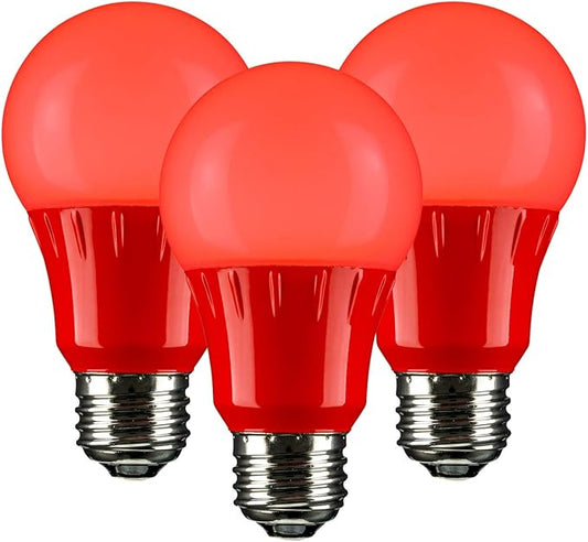 Sunlite 40454 LED A19 Colored Light Bulb, 3 Watts (25w Equivalent), E26 Medium Base, Non-Dimmable, UL Listed, Party Decoration, Holiday Lighting, 3 Count, Red