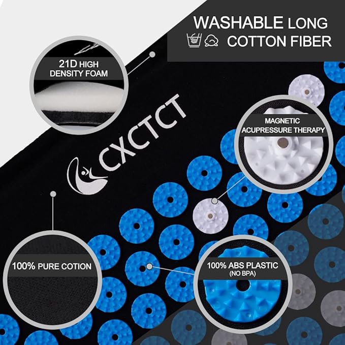 Extra Long Yoga Acupressure Mat Set,Massage Acupuncture Mat Large,Magnetic Mat Acupressure Body mat and Pillow for Neck Back Pain Relief(Blue)