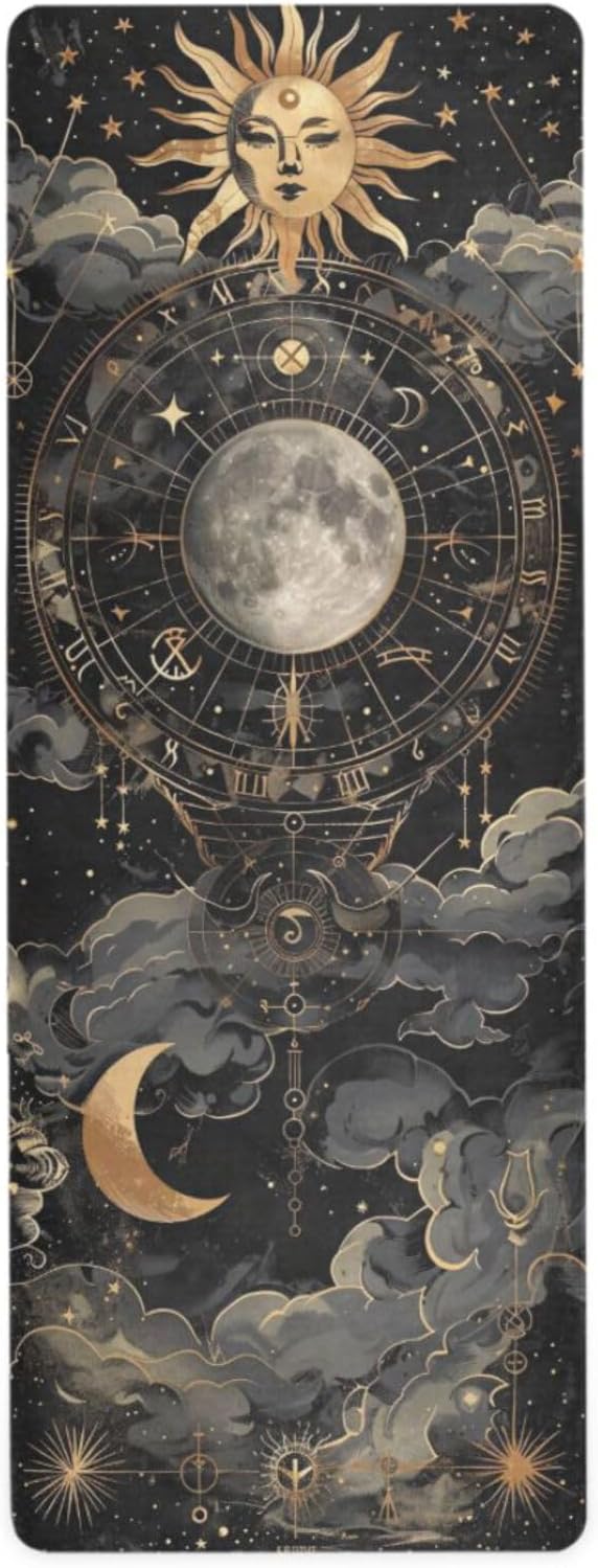 Astrological Pattern Yoga Mat, 71 x 26 Inch Non-slip Yoga Mats Folding Travel Exercise Mat Indoor Outdoor Gym Pilates with Storage Bag for Women Men