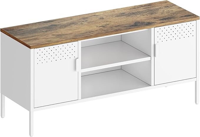 Manhattan Comfort Landen 47" Modern Metal TV Stand with Storage Cabinets & Open Shelves, Holds Up to 40" Screen, TV Console with Natural Wood Top, Cable Management, Adjustable Legs, White