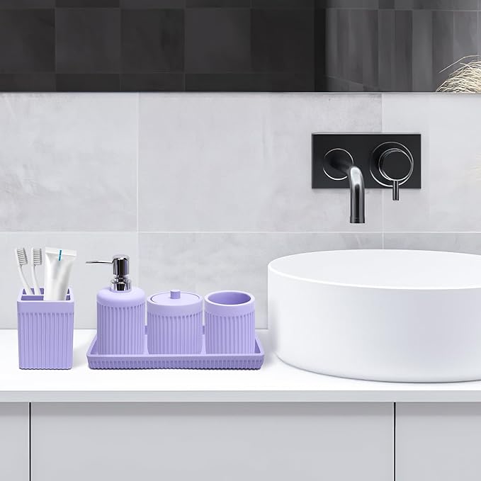 Resin Light Purple Bathroom Accessories Set 5 Pcs, Lotion Soap Dispenser, Toothbrush Holder, Bathroom Tumbler, Qtip Holder and Vanity Tray, Bathroom Countertop Organizer Set for Home Apartment