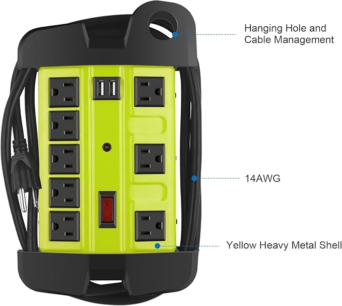 Heavy Duty Power Strip with USB, Workshop 8 Outlet Surge Protector 2700 Joules, Green Industrial Metal 15Amp Power Strip, 6 FT Extension Cord and Wide Spaced.
