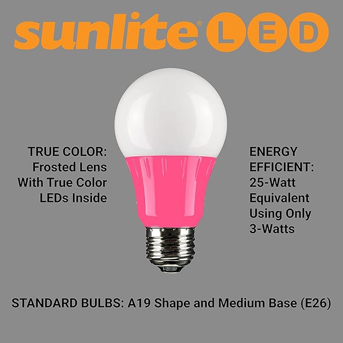 Sunlite 40453 LED A19 Colored Light Bulb, 3 Watts (25w Equivalent), E26 Medium Base, Non-Dimmable, UL Listed, Party Decoration, Holiday Lighting, 3 Count, Pink