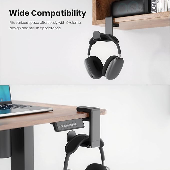 Rotating Headphone Stand - EURPMASK PC Gaming Headset Stand, Adjustable Clamp-on Headphone Holder, Headphone Hanger Hook Under Desk with 360 Degree Swivel&Cable Clip Organizer - Black+White, 2 Pack