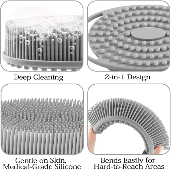 2 Pack Silicone Body Scrubber with Loofah Exfoliating Soft Body Shower Scrubber for Body, 2 in 1 Bath and Shampoo Wash Brush for Skin Exfoliation Men Women (Grey&Pink)