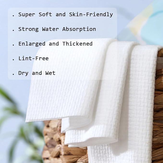 Disposable Face Towels, Facial Cleansing Cloths, Extra Soft Makeup Removing Cleansing 10"×12" Face Towelettes, Skin Care and Makeup Removal, 101% Pure Plant Fiber