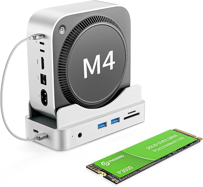 Phixero (2TB Storage) M4 Mac mini Dock, Aluminum unibody Design, 6-in-1 hub, 10Gbps USB-A, SD/TF Reader, Space-Saving Design, Non-Removable SSD