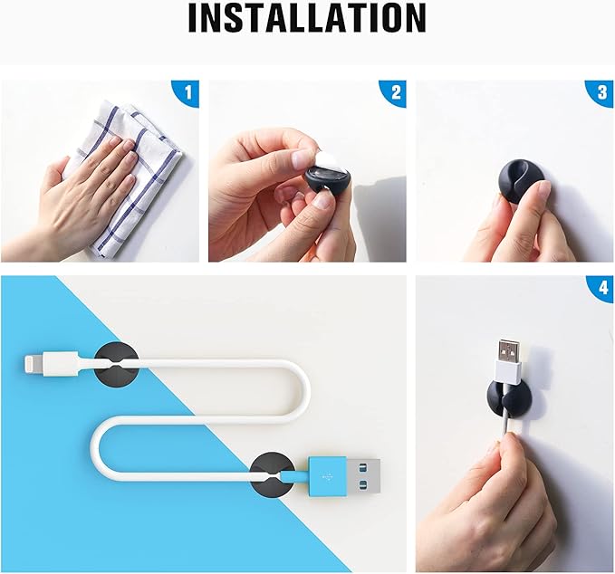 12 Pack Cable Clips, Znben Cord Organizer Holder Adhesive Cable Management Charger Wire Holder Clips for Desk, Home, Office, Car, Cubicle, Nightstand Black