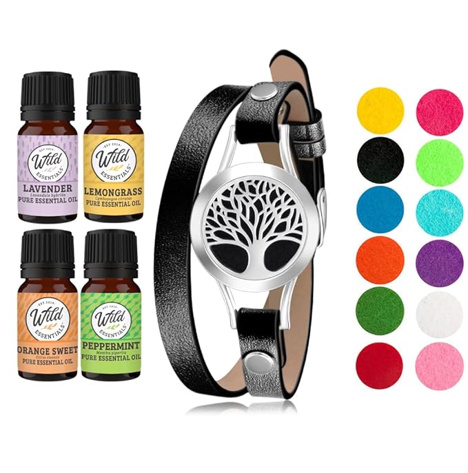 Wild Essentials Tree of Life Essential Oil Leather Wrap Bracelet Diffuser Kit, Gift Set, Lavender, Lemongrass, Peppermint, Orange Oils, 12 Pads, Customizable Color Changing Perfume Jewelry, Black