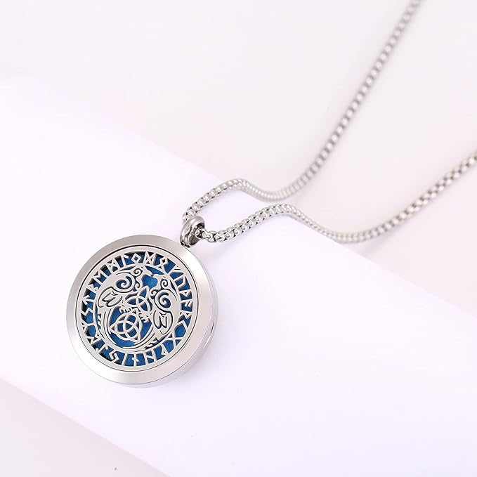 Supernatural Crow Runes Talisman Viking Amulet Aromatherapy Essential Oil Diffuser Locket Stainless Steel Perfume Necklace-Perfume, Fragrance, Scent Diffusers for Women