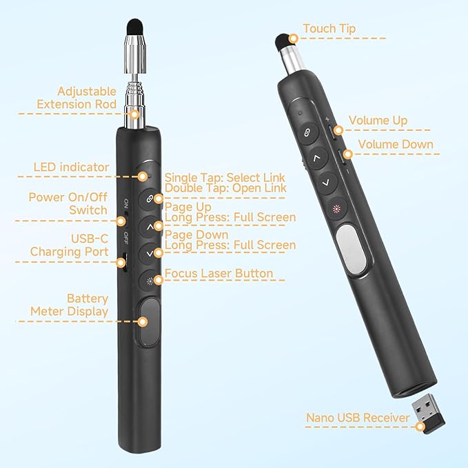 Wireless Presentation Clicker with Retractable Pointer and Stylus, Compatible with PowerPoint Google Slides Keynote, for Mac Windows Computer, Classroom and Office Use