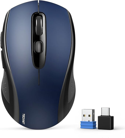 TECKNET Bluetooth Mouse, 4000DPI Wireless Mice for Laptop 2-in-1(BT 5.0/3.0+2.4Ghz) Computer Mouse with USB Receiver for Mac (USB-A/C+Bluetooth, Blue)