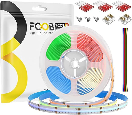 COB LED Strip RGBCCT Color Changing 16.4FT 960LEDs/m 24V Flexible High Density Cob Strips RGB CCT Tunable White 3000K-6000K 12mm Led Tape Light for Cabinet (No Power/Controller)