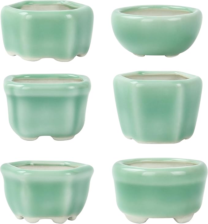 Bonsai Planter 1.8 inch (4.5cm) Mini Succulent Glazed Pots Set of 6 Green