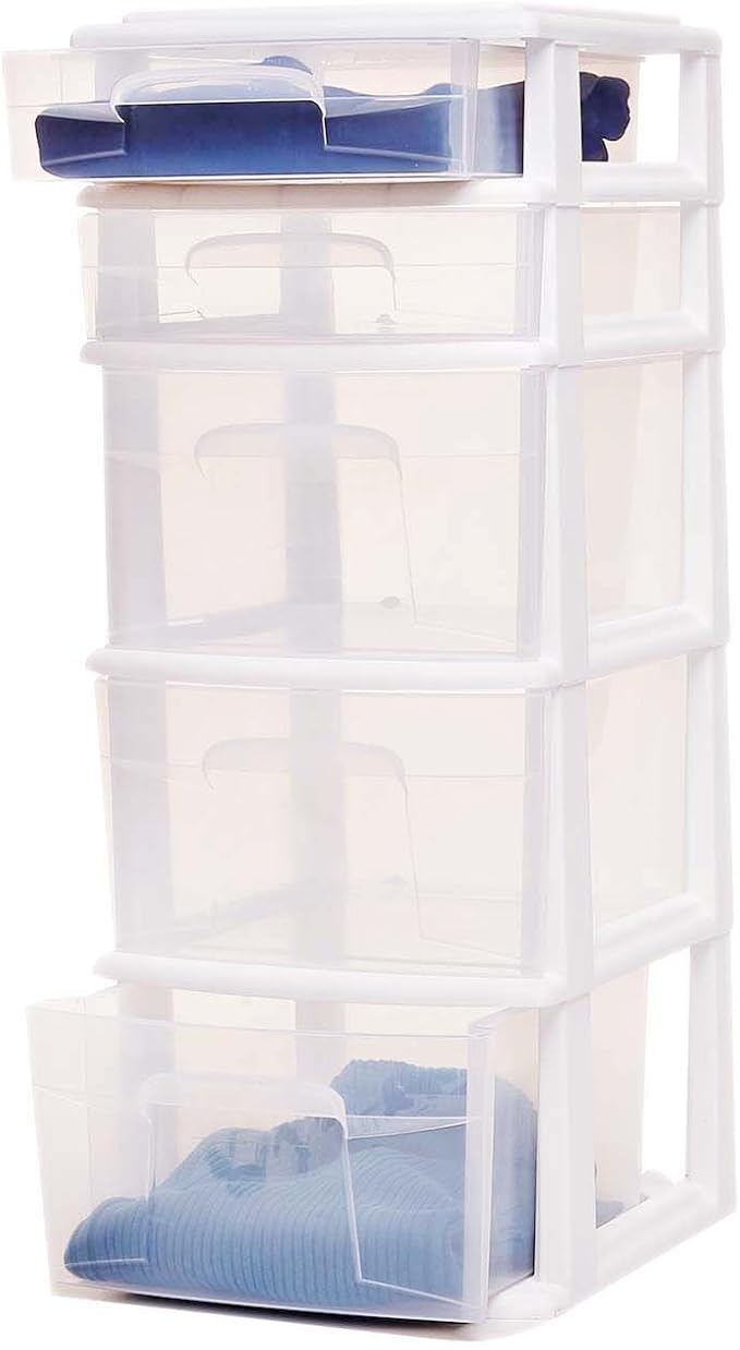 HOMZ 2-Pack Drawer Tower, 5-Tier Clear Plastic Storage Organizer Unit, White Frame - Multi-Purpose Container Drawers for Bedroom, Bathroom, and Office Organization