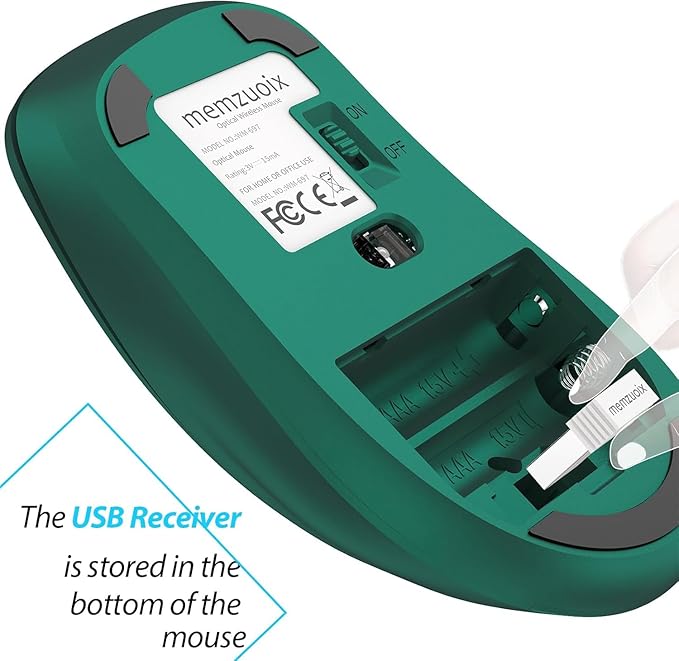 memzuoix 2.4G Wireless Mouse, 1400 DPI Computer Mice USB Receiver, Portable Wireless USB Mouse Battery Powered Cordless Mice for Laptop, PC, Desktop, 5 Buttons (Dark Green)