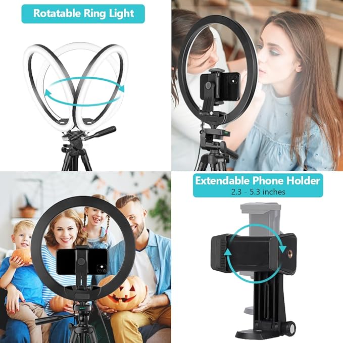 Sensyne 12'' Ring Light with 50'' Extendable Tripod Stand, LED Circle Lights with Phone Holder for Live Stream/Makeup/YouTube Video/TikTok, Compatible with All Phones