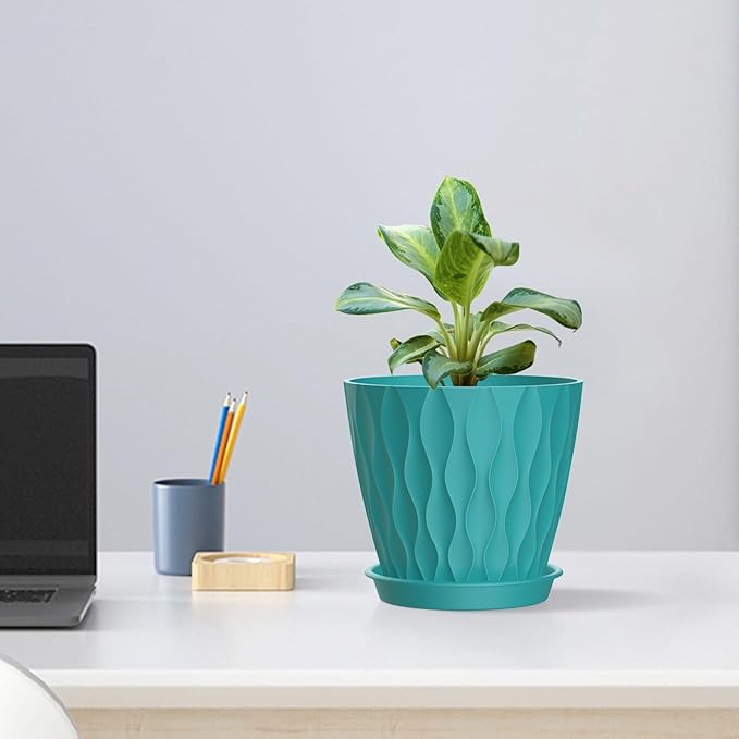 6 inch Flower Pots, 5 Pack Plant Pots for Indoor Plants, Water Ripples Plastic Planters with Drainage Holes and Saucers, Nursery Pots for Small Succulent Garden House Plants, Blue Green