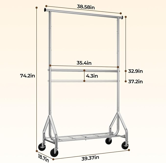 Heavy Duty Clothes Rack, Double Rod Clothing Rack for Hanging Clothes, Rolling Garment Rack, Adjustable Freestanding Wardrobe Closet Coat Rack for Bedroom Laundry Living Room, Silver