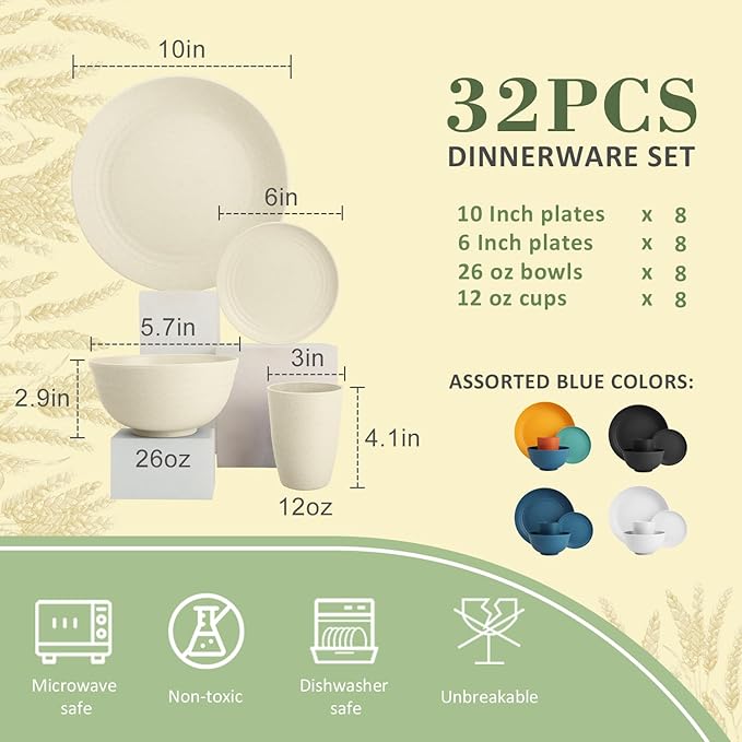 Wheat Straw Dinnerware Sets of 32,Dishwasher Safe Alternative Plastic Dishes Set Service for 8,Unbreakable Dinner Plates and Bowls Sets for Kitchen,Party,Camping,RV. Beige