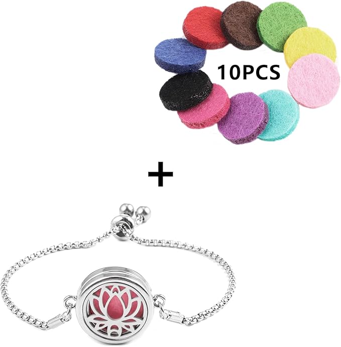 Essential Oil Diffuser Bracelet Aromatherapy Locket Adjustable Bracelet Stainless Steel Lotus Bracelet with 10 Pcs Refill Pads for Women Girls