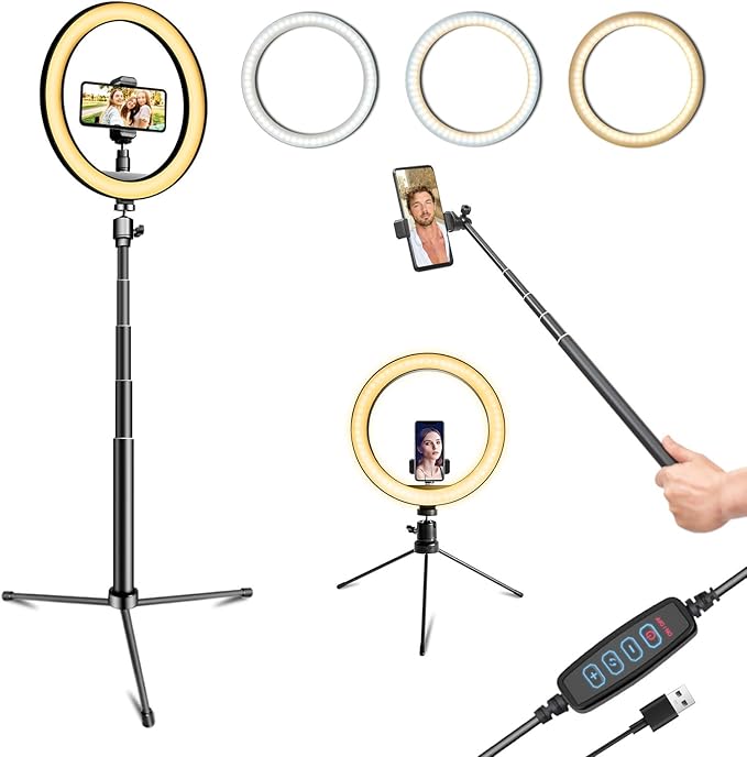 10" Selfie Ring Light with 10" Stand and 60" Selfie Stick, 3 Color Light Adjustment Suitable for Phones and Cameras, Makeup/Live Streaming/Taking Photos