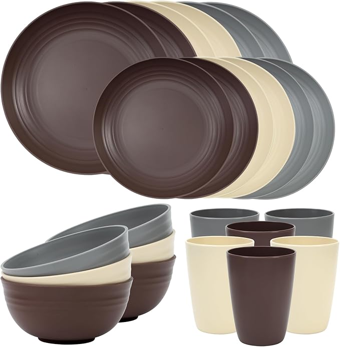 Quatish 24 Piece Plates and Bowls Sets for 6, Unbreakable Dinnerware Sets, Plastic Dish Set for Camping, Dishwasher Microwave Safe, Outdoor Kitchen and Apartment Dinning RV Essentials, Brown