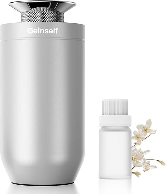 Waterless Essential Oil Diffuser, Smart Auto On/Off Car Diffuser Air Freshener, 3 Countdown Timer& 2 Mist Levels Mini Scent Diffuser Rechargable for Car, Premium Aluminum (Sliver)