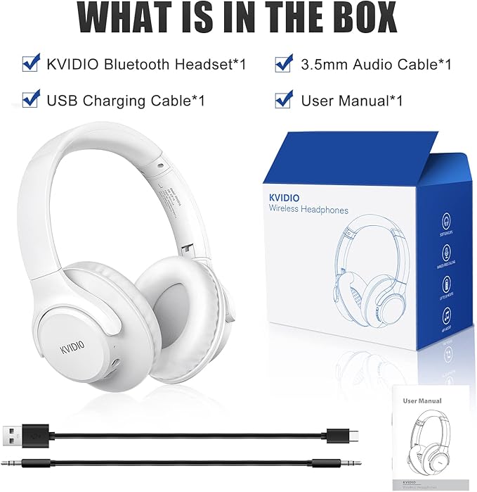 KVIDIO Bluetooth Headphones Over Ear, 65 Hours Playtime Wireless Headphones with Microphone, Foldable Lightweight Headset with Deep Bass, HiFi Stereo Sound Low Latency for Laptop PC Cellphone