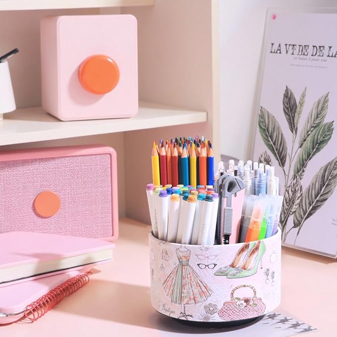 360° Rotate Desk Pen Organizer, Makeup Brush Holder Organizer, Makeup Organizers Countertop, TV Remote Control Holder,Leather Remote Caddy,Dual-Purpose Art Supply Pencil Cup (Fashion illustration)