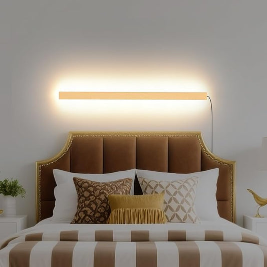 Modern Plug in Wall Lights, 31.4 inch Frosted Gold LED Long Wall Sconce, 16W Warm White 3000K Acrylic Indoor Wall lamp,with 59" Plug Cable for Bedroom, Living Room, Hallway