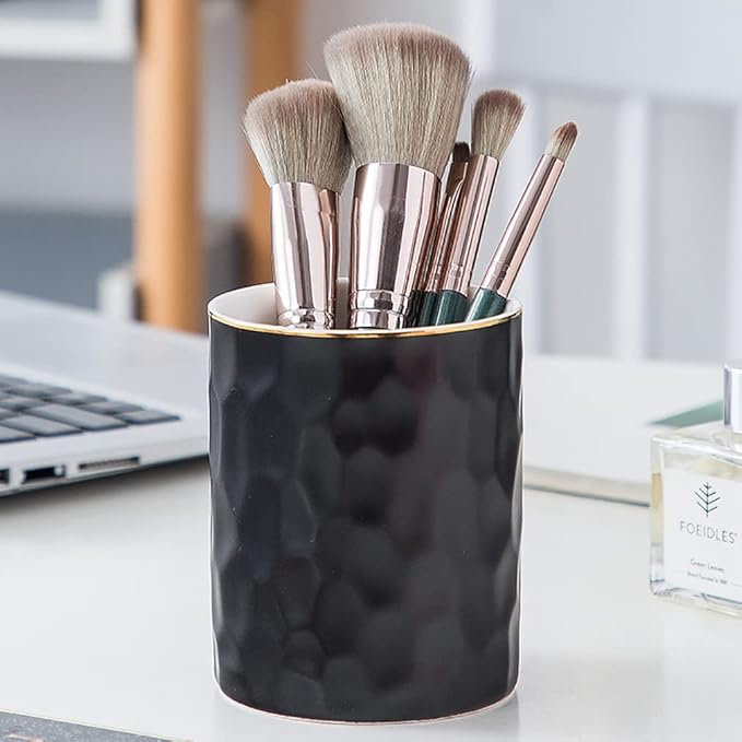 Ceramic Pen Holder Stand Cup Pencil Holder Organizer Makeup Brush Holders for Home Office Desk (Black)