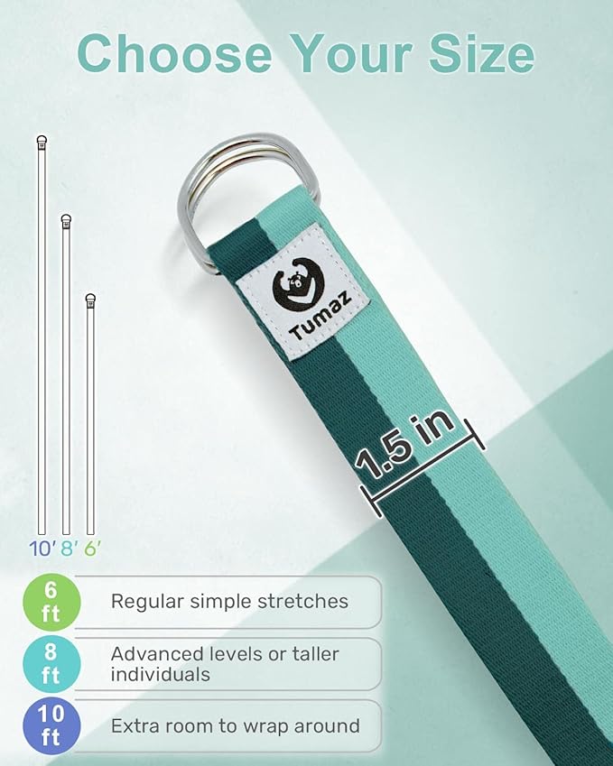 Tumaz Yoga Strap/Stretch Bands [15+ Colors, 6/8/10 Feet Options] with Extra Safe Adjustable D-Ring Buckle, Durable and Comfy Delicate Texture - Best for Daily Stretching, Physical Therapy, Fitness