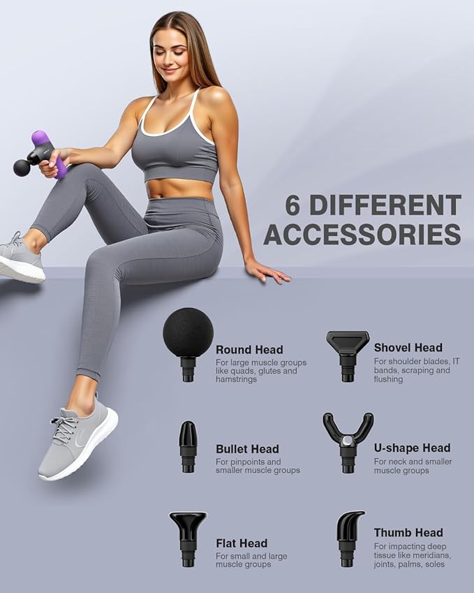 Morelax Mini Massage Gun Portable Deep Tissue Muscle Percussion Massager, Electric Handheld Sport Massager with 6 Massage Heads 4 Speed, Best Gift (Purple)