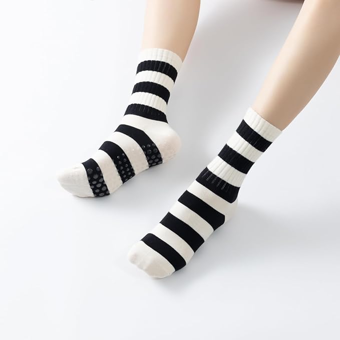 Yoga Pilates Socks with Grips for Women Non Slip Striped Cushioned Crew Socks for Barre Ballet Dance