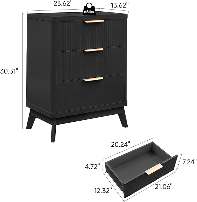 Fluted Nightstand Set of 2 with Charging Station, 23'' Modern Side Table with 3 Large Storage Drawers, Wide Night Stand Bedside End Table Tall Wooden Dresser for Bedroom