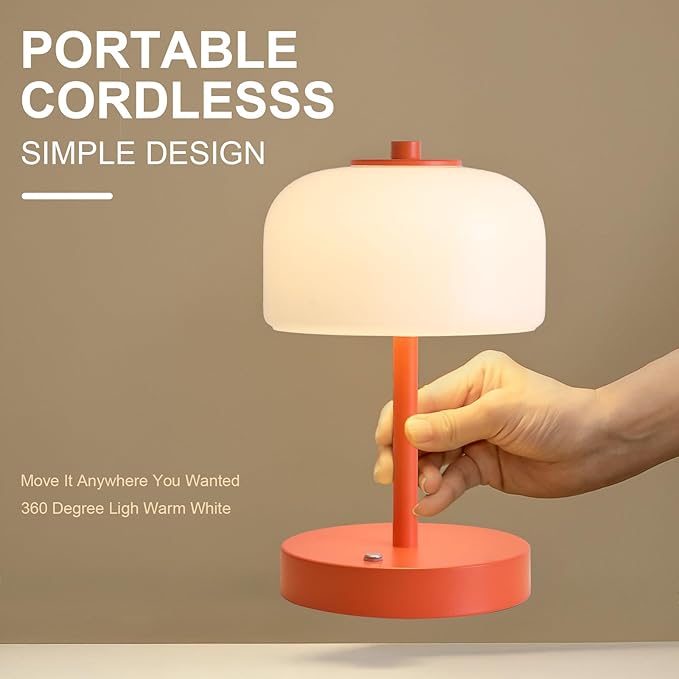 Oneach 9" Cordless Table Lamp, Orange Rechargeable Battery Operated Lamp, 3-Way Stepless Dimming Touch Lamps, Small Glass Bedside Nightstand Light for Bedroom Dining Table Living Room Shelf Decor