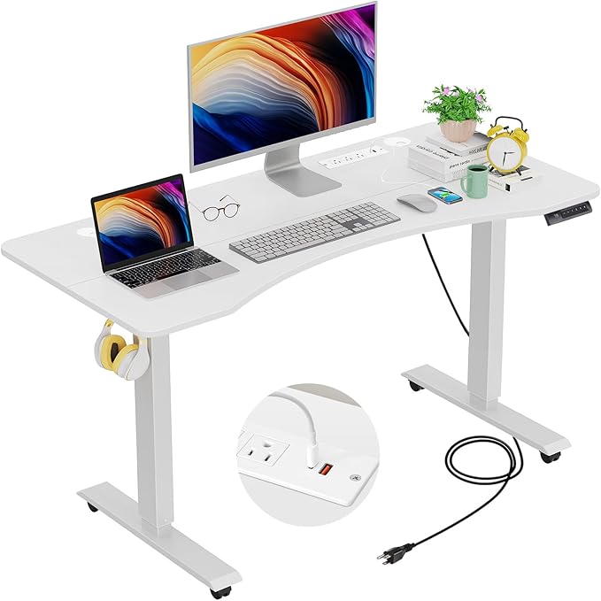 farexon Electric Standing Desk Adjustable Height, 48x24 Inches Stand Up Desk with Charging Station, Lockable Casters,27.5''-46.5'' Lifting Range Home Office Computer Desk（White