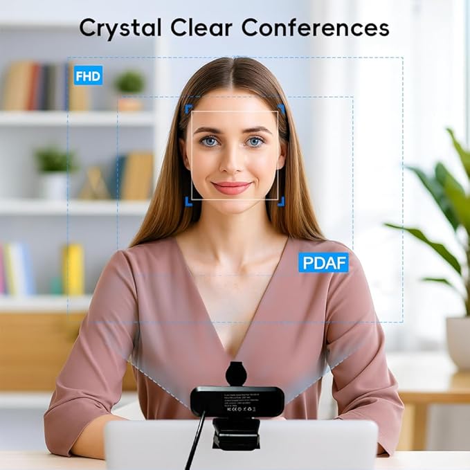 1080P USB Webcam with Dual Mics & Privacy Cover, Autofocus, Plug-and-Play, Wide-Angle, Low-Light; Adjustable Clip & 1/4" Tripod; Compatible with Windows/Mac/ChromeOS; Zoom/Teams/OBS